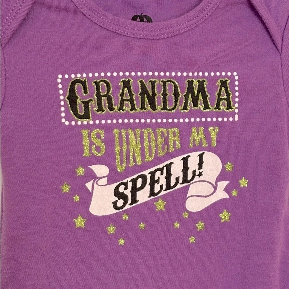 Grandma Is Under My Spell Halloween Theme Print Glitter Long Sleeve Snap Onesie